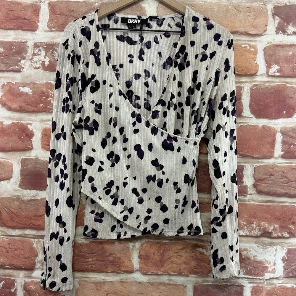 DKNY Top Women's L Multicolor Abstract Ribbed Surplice Wrap Zipper Sleeve Shirt